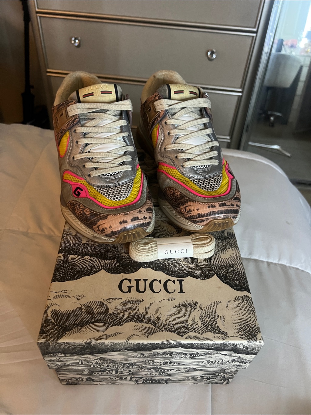 Gucci Multicolor Beige Gray Pink Yellow Chunky Sneakers